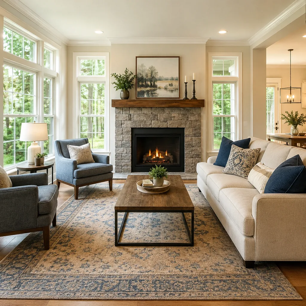 Realistic editorial photo of a staged American living room with sofa, rug, windows, lighting, and buyer-facing details showing focal point you can identify quic