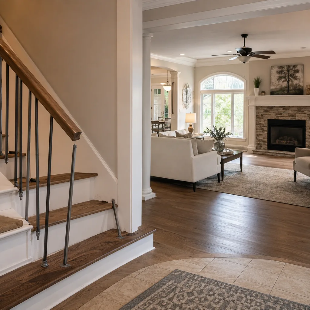 Realistic editorial photo of a staged home interior with living room, entry, lighting, furniture placement, and listing-photo details showing loose railings on 