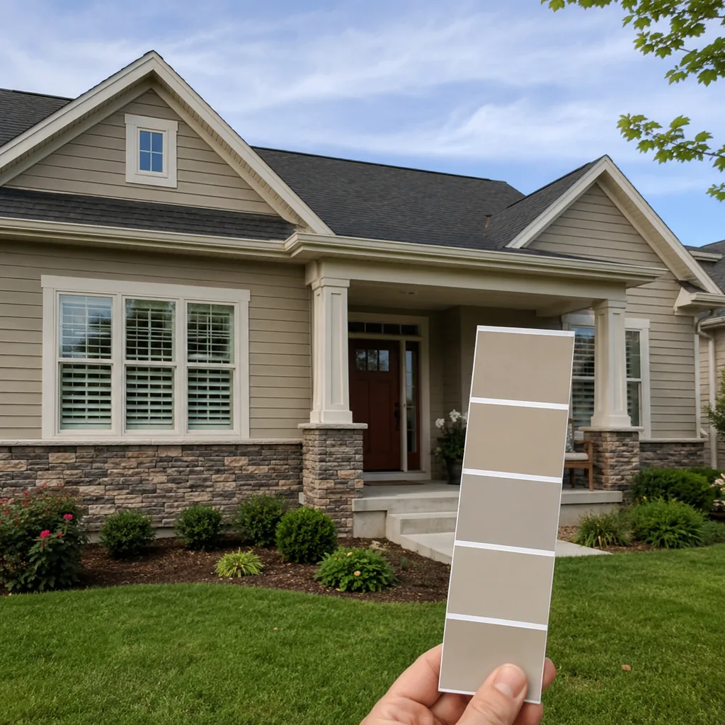 Realistic editorial photo of a suburban home exterior with siding, trim, roof, front door, lawn, and paint swatches showing safe color that still dates the room