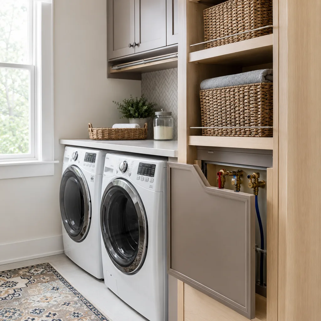 Realistic editorial photo of an American laundry room showing hiding shutoff valves behind storage