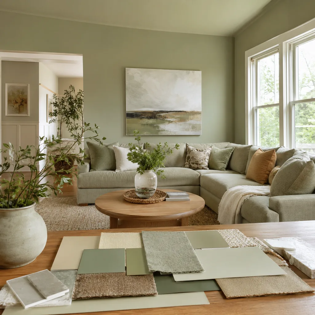 Realistic editorial photo of an American living room with paint swatches, sofa fabric, wall colors, and natural light showing trend color used on every surface