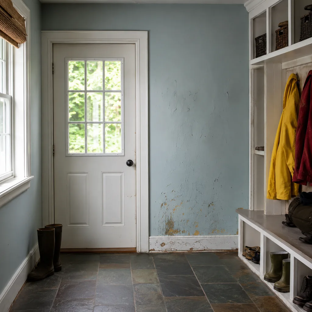 Realistic editorial photo of an American mudroom showing using paint that cannot be scrubbed