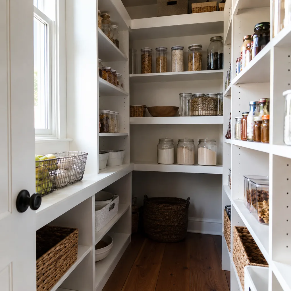Realistic editorial photo of an American walk-in pantry showing letting corners become dead zones