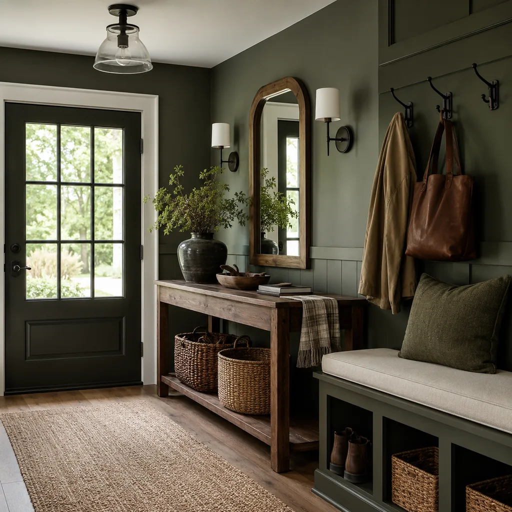 Realistic editorial photo of an entryway with console table, mirror, bench, hooks, rug, lighting, and storage showing dark green treated like a neutral