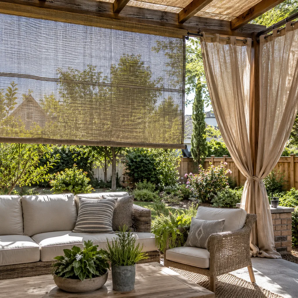 Realistic editorial photo of an outdoor patio with pergola curtains, seating, plants, fabric panels, and sunlight showing woven shades without privacy lining