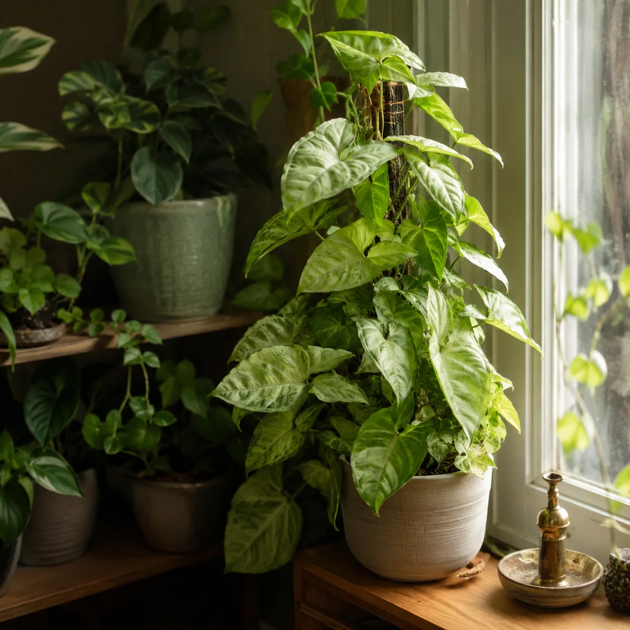 Realistic editorial photo of Arrowhead vine growing in low light room corner with houseplants near a window, realistic e