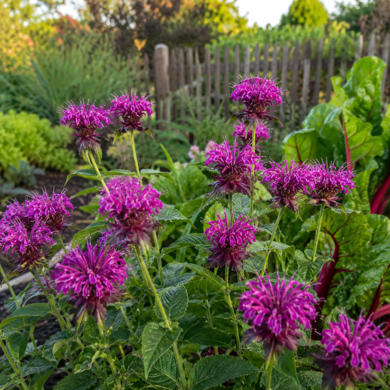 Realistic editorial photo of Bee balm for pollinators growing in a practical edible and flower garden, realistic editori