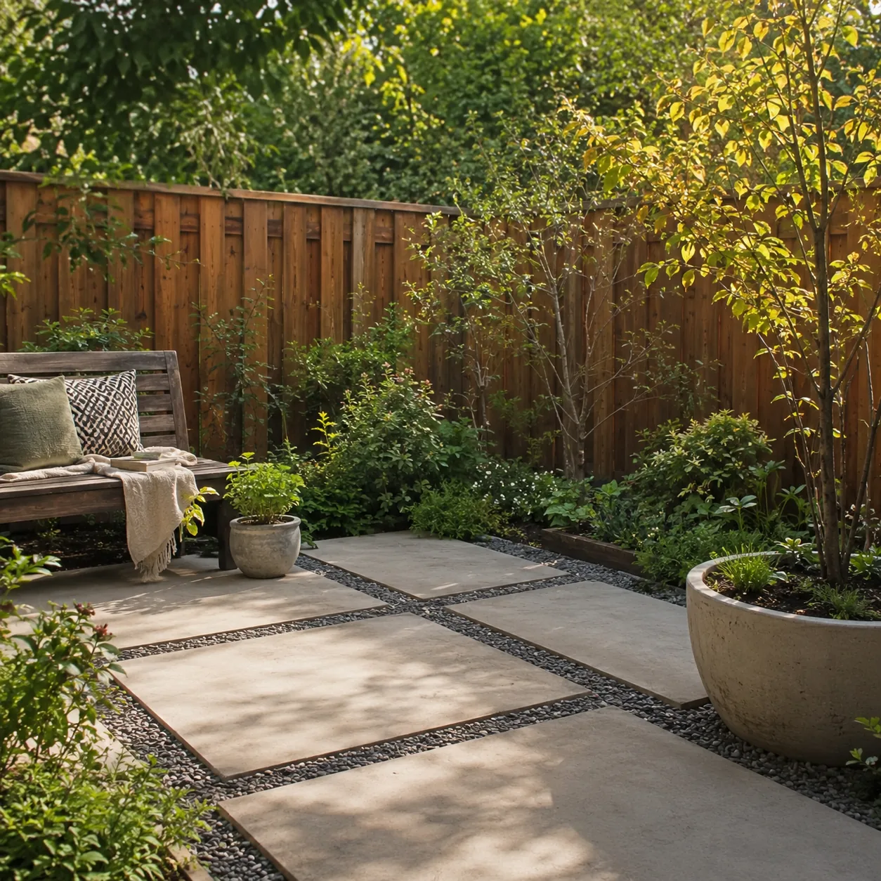 Realistic editorial photo of choose oversized pavers in small fenced backyard, realistic editorial photo, natural light,
