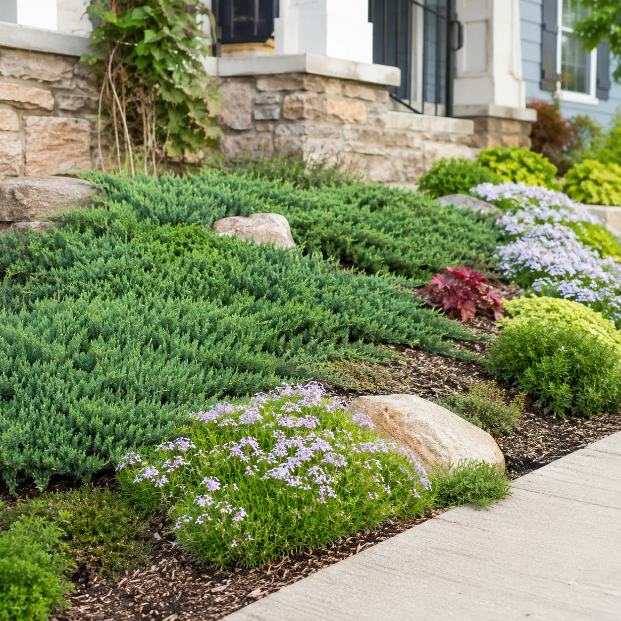 Realistic editorial photo of Creeping juniper growing in sloped front yard planted with controlled ground covers, realis