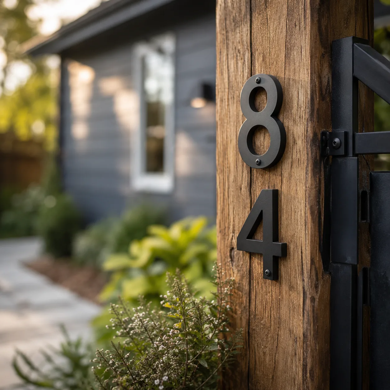 Realistic editorial photo of fresh house numbers near gate in budget backyard weekend upgrade, realistic editorial photo