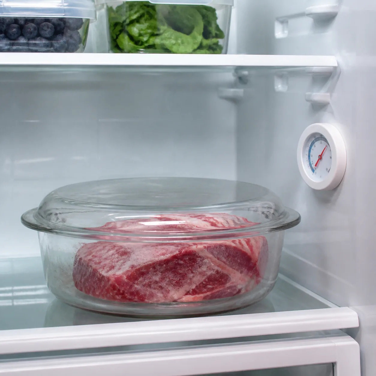 Realistic editorial photo of frozen meat thawing safely in a covered dish on the bottom refrigerator shelf, thermometer 