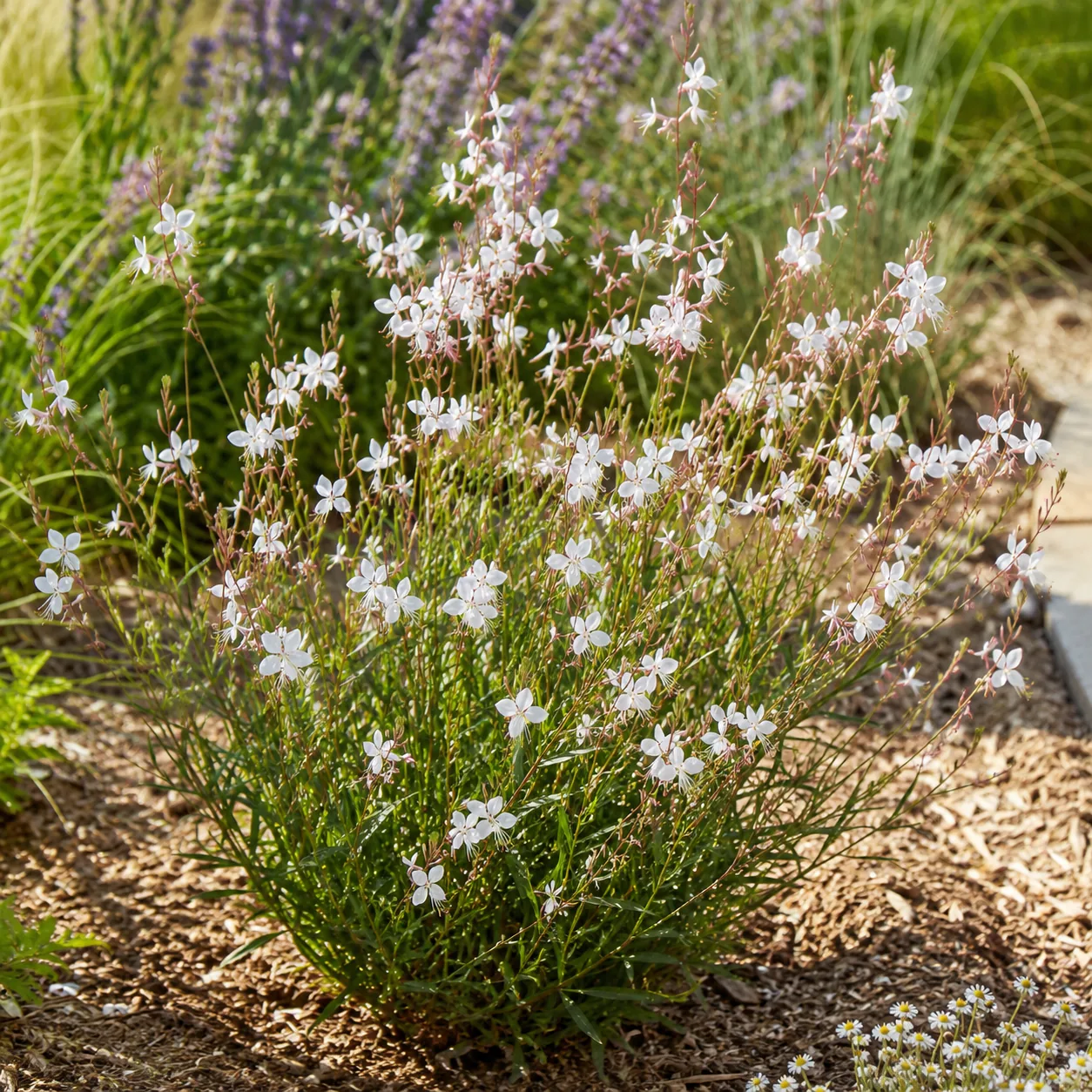 Realistic editorial photo of Gaura growing in sunny drought tolerant flower bed in summer heat, realistic editorial phot