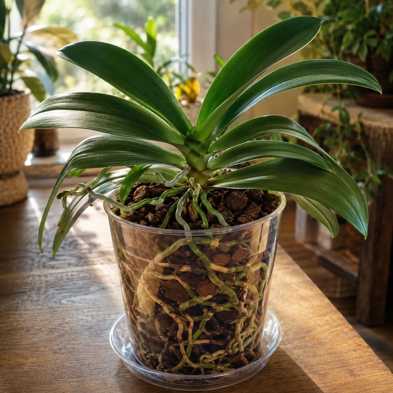 Realistic editorial photo of healthy non blooming orchid with strong green leaves and roots, warm natural light, practic