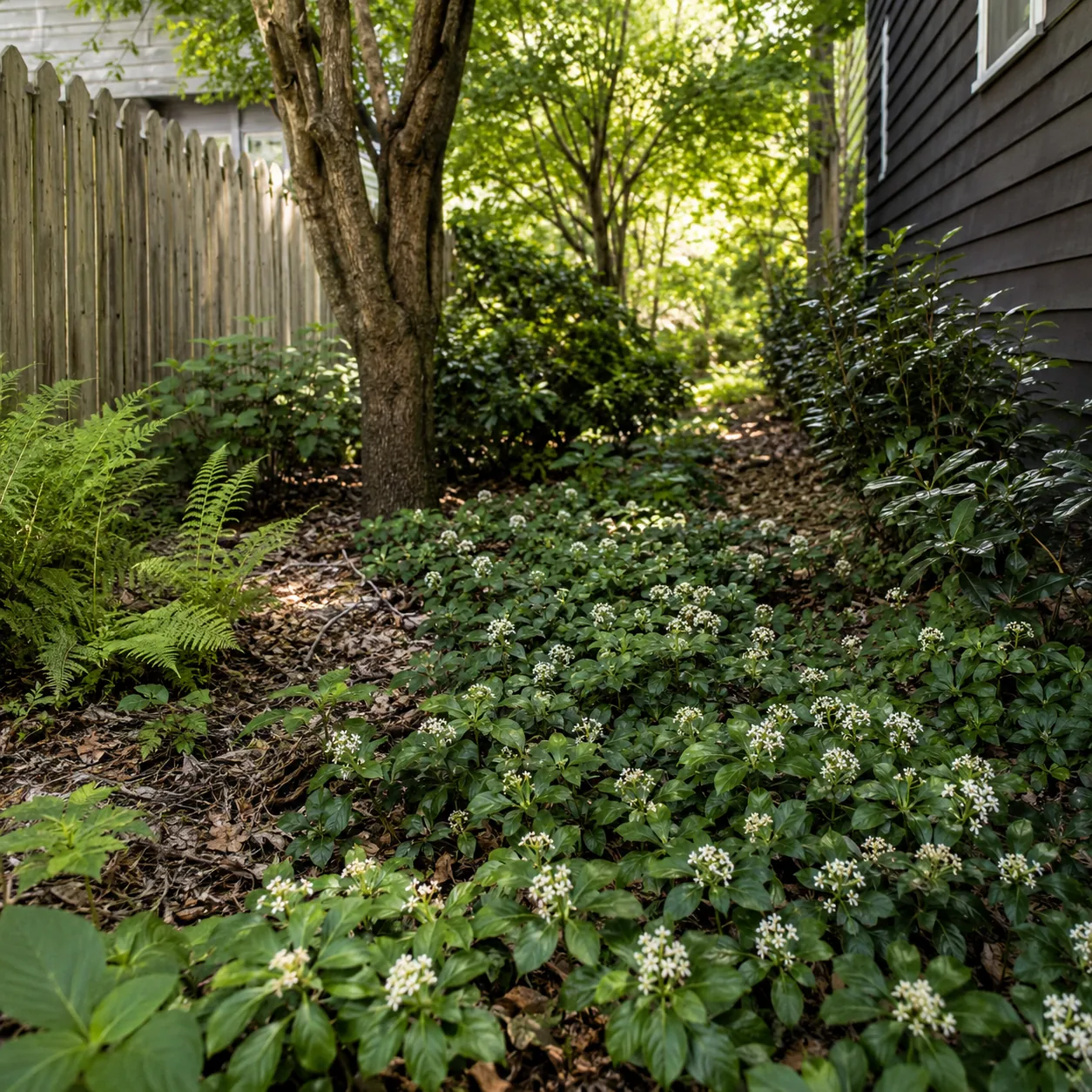 Realistic editorial photo of Pachysandra with caution growing in dry shady side yard under mature trees planted with sha