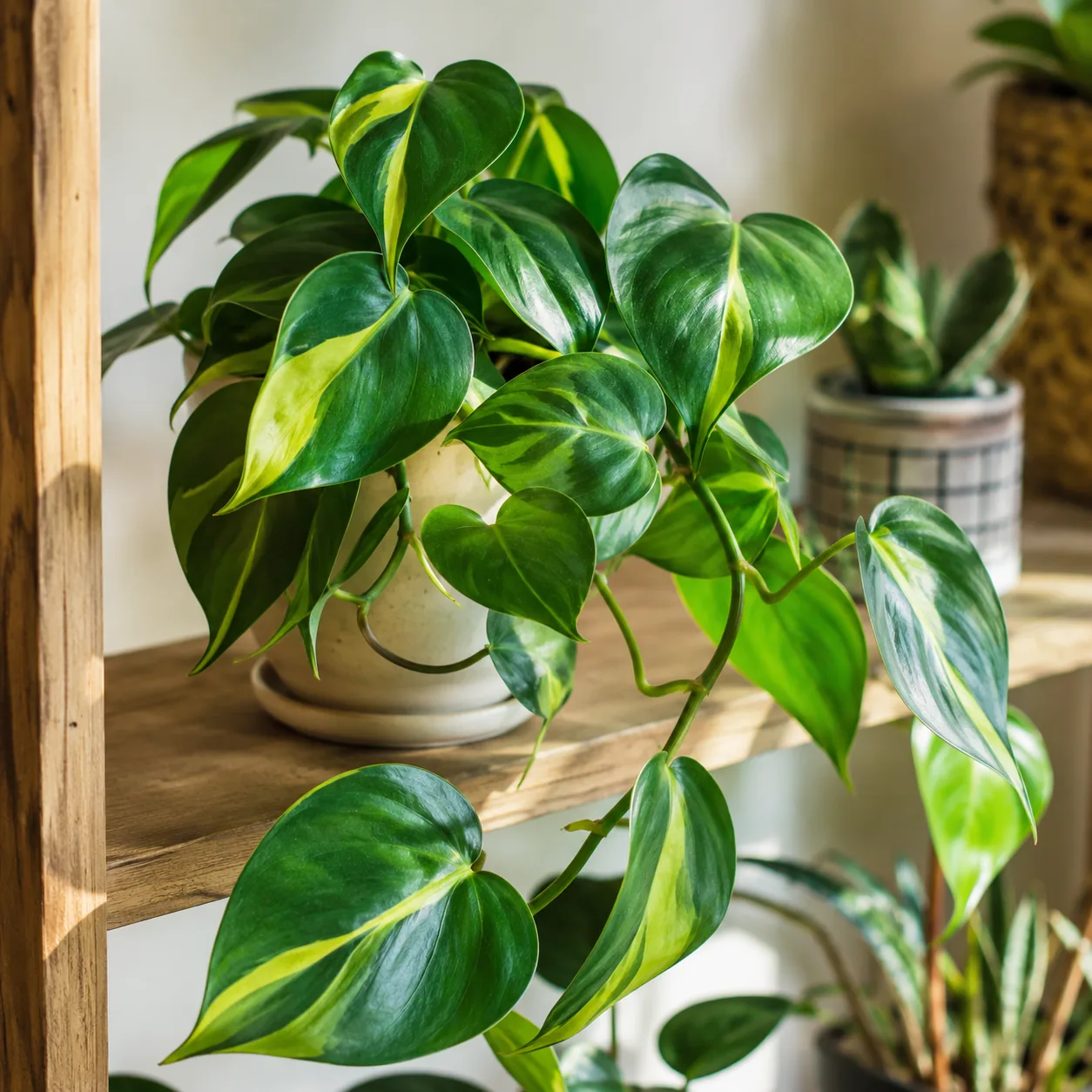 Realistic editorial photo of Philodendron Brasil growing in bright indoor shelf with low maintenance houseplants, realis