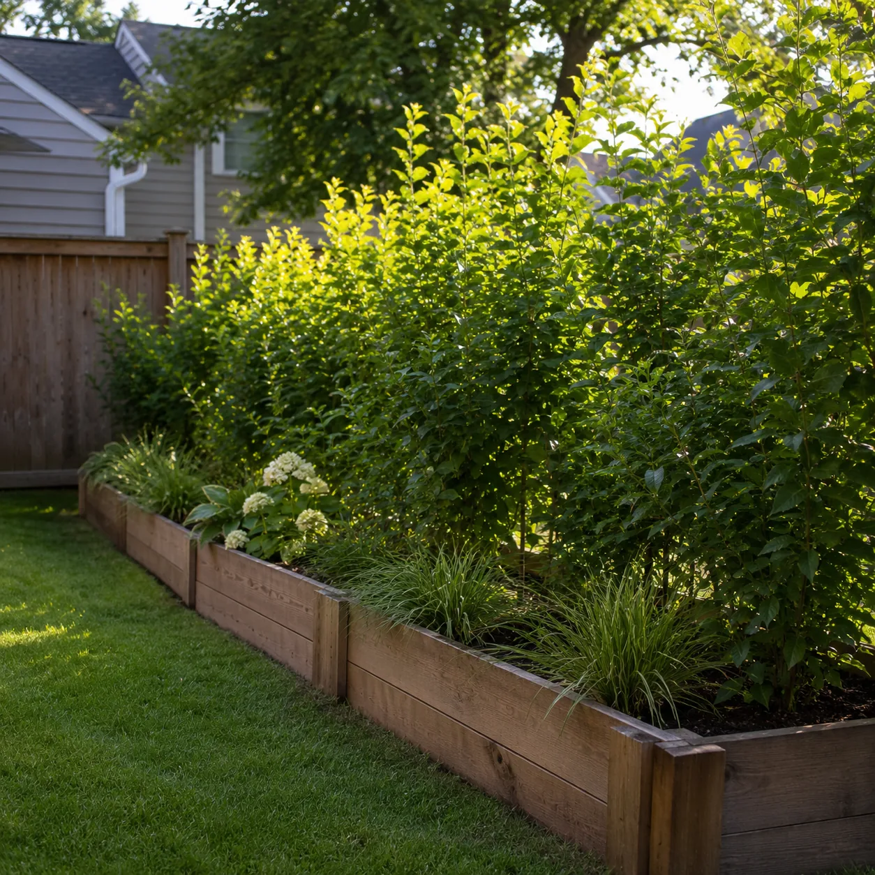 Realistic editorial photo of raised bed as boundary in an ordinary backyard needing privacy, realistic editorial photo, 