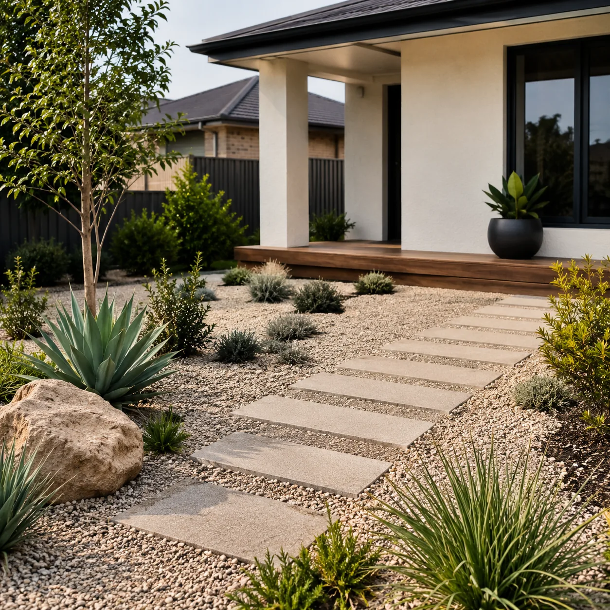 Realistic editorial photo of repeat a stone or gravel color in polished suburban front yard, realistic editorial photo, 