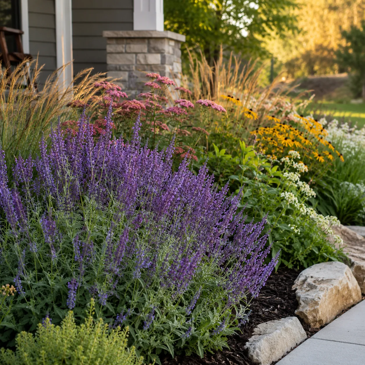 Realistic editorial photo of Sage growing in front yard border with deer resistant flowering plants, realistic editorial