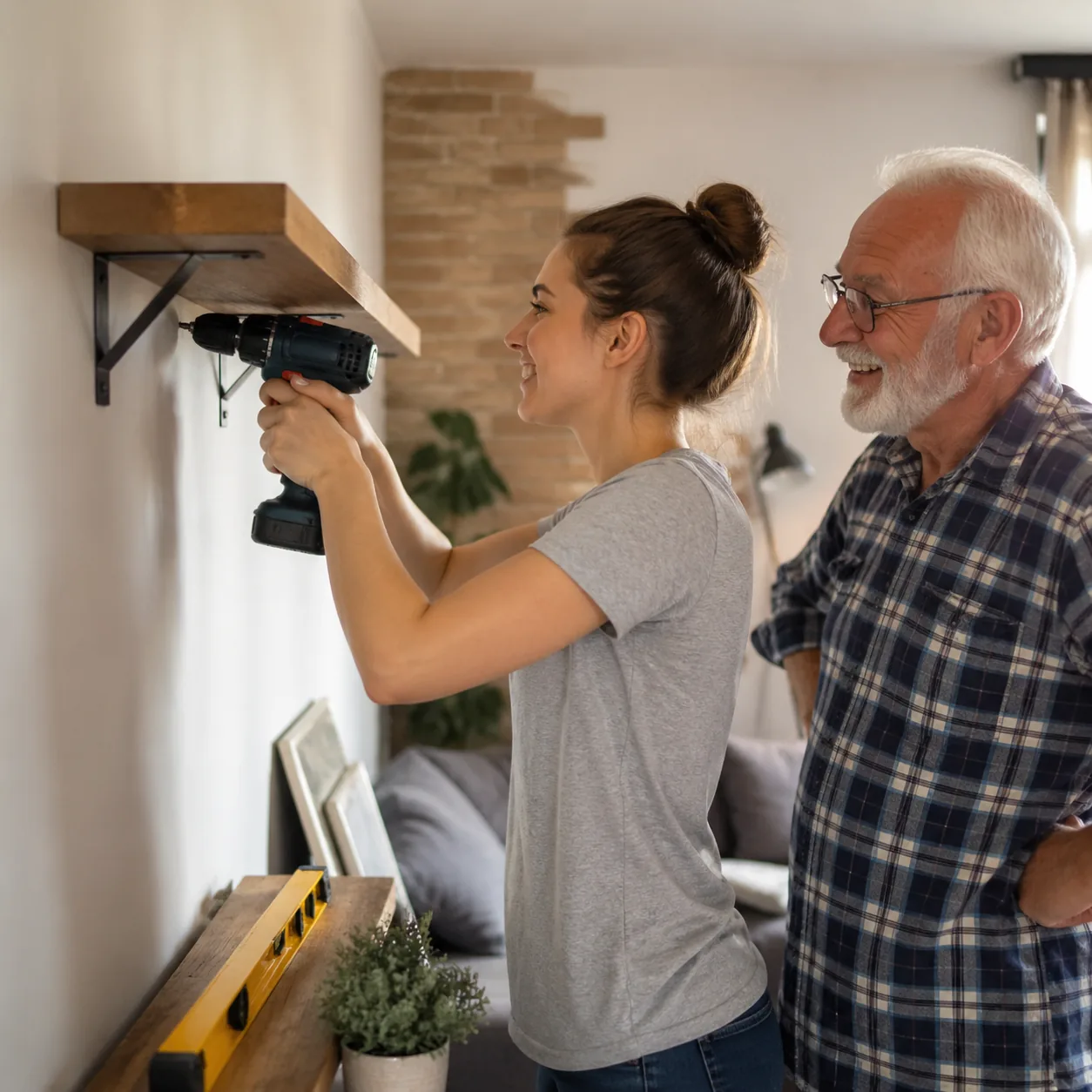 Warm editorial photo of a young woman using a power drill to hang a wooden shelf on a living room wall, level resting ne