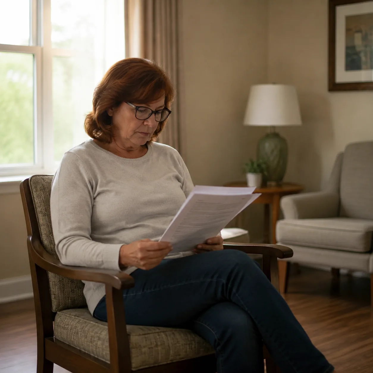 empty assisted living room with family member reading hospital stay policy, realistic editorial lifestyle photography fo