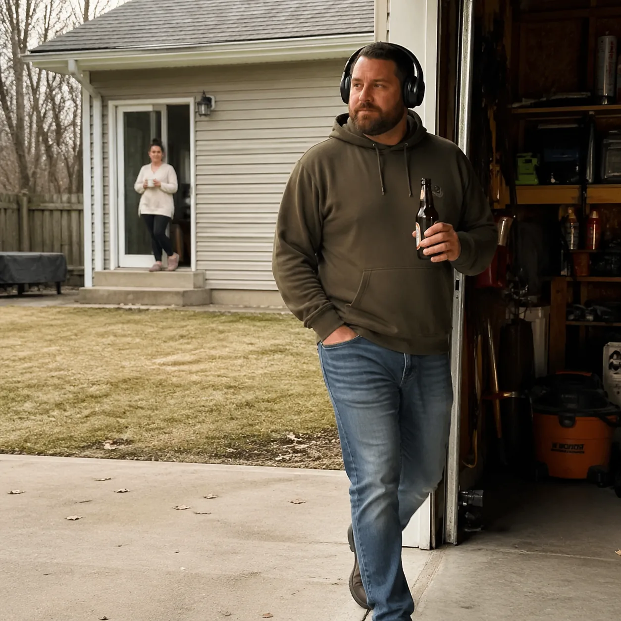 Funny realistic lifestyle photo of a husband walking into a garage with a beer and a podcast headphones while his wife w