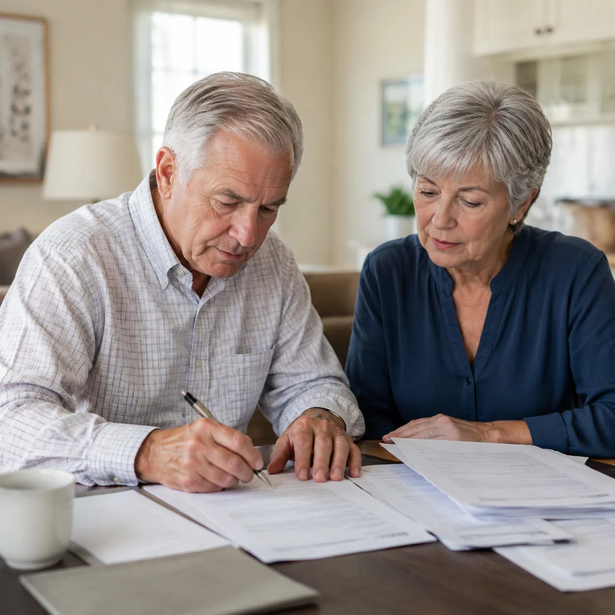 older couple signing resale paperwork with HOA transfer fee document on table, realistic editorial lifestyle photography