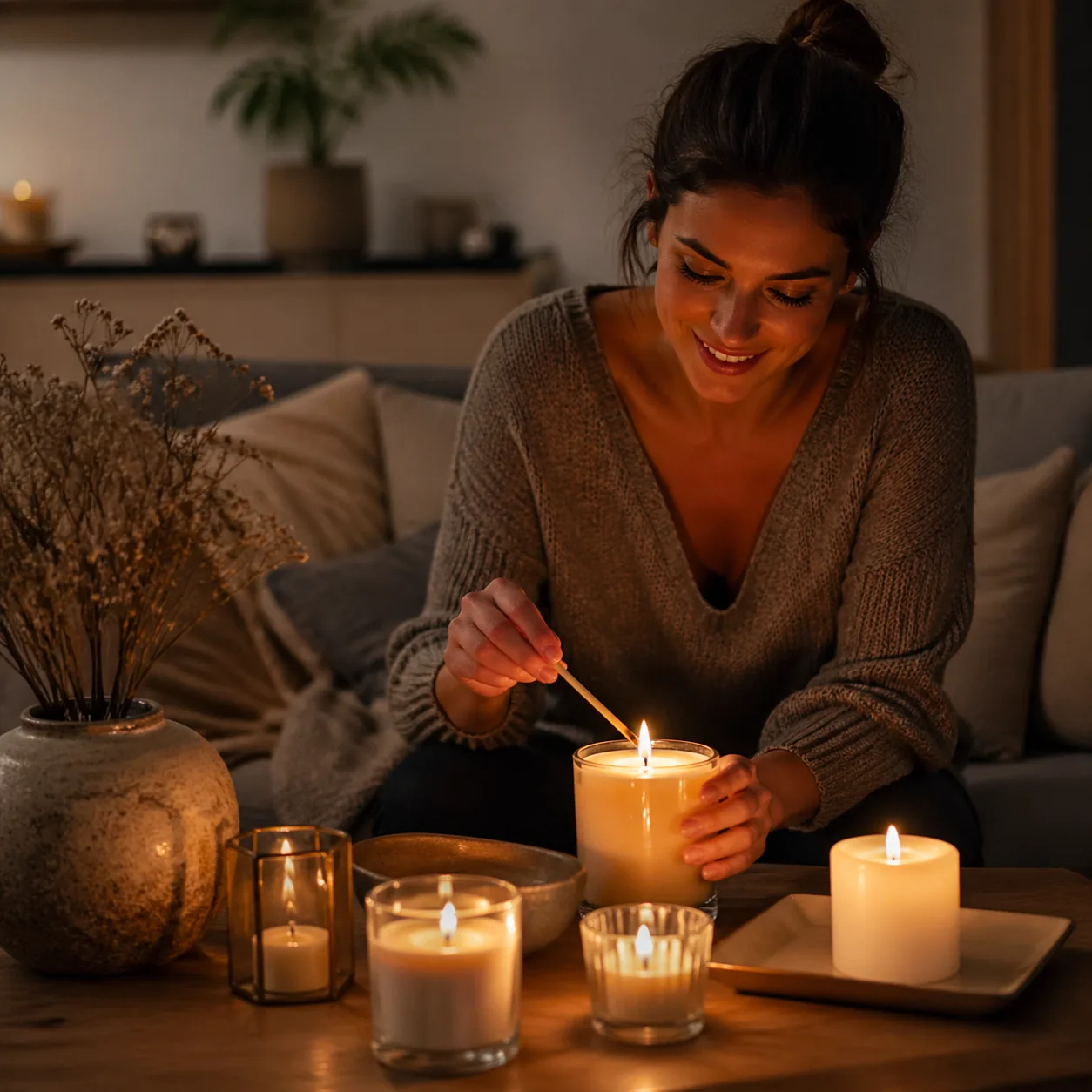 Realistic cozy photo of a wife lighting a candle on a coffee table surrounded by several tasteful candles, soft evening 