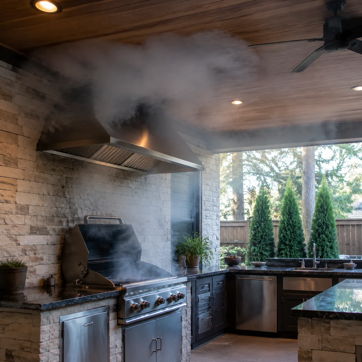Realistic editorial covered patio outdoor kitchen with smoke trapped near ceiling above a grill, ventilation hood and ai