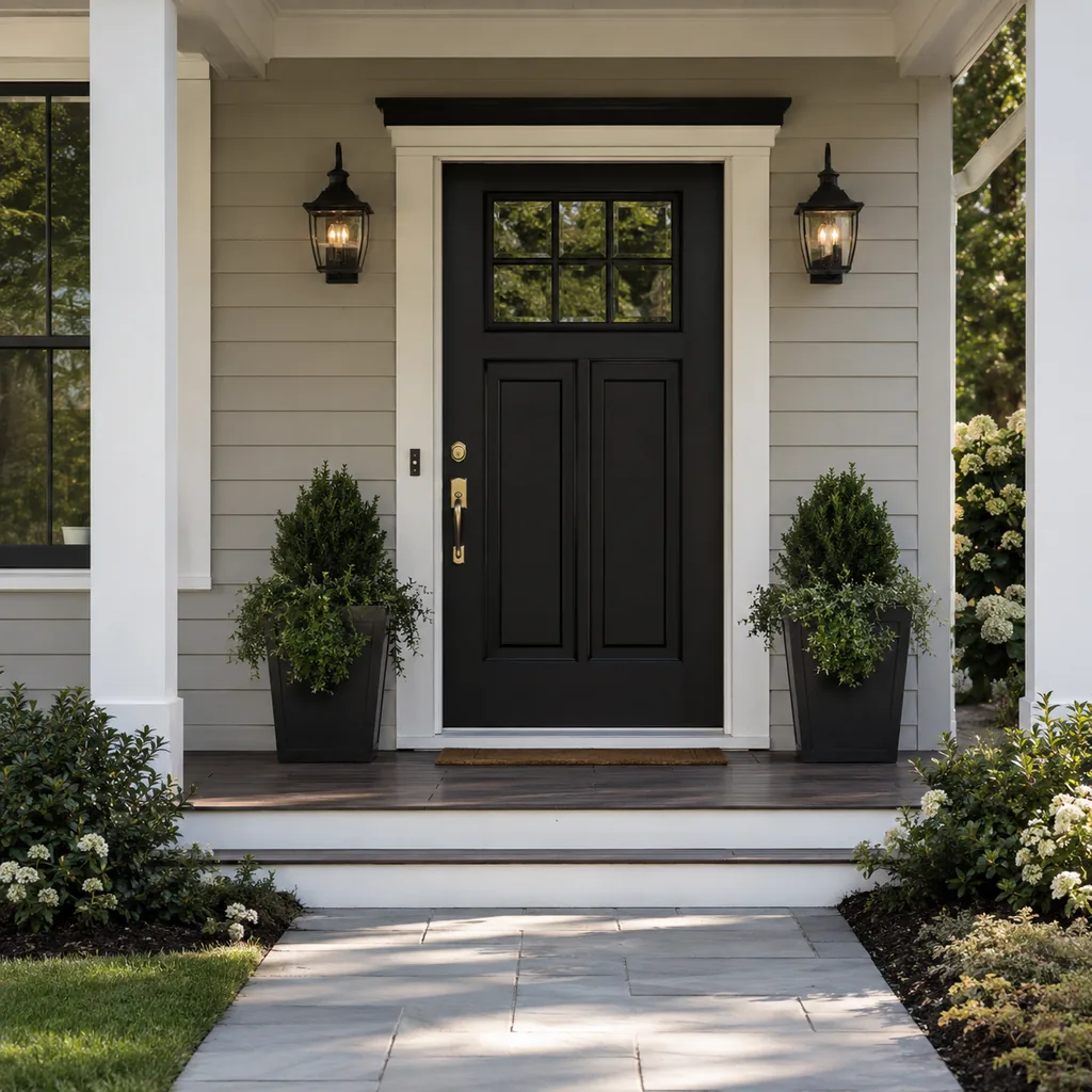 Realistic editorial photo of a black front door on an American home with trim, planters, hardware, and porch details showing clean transition from walkway to po