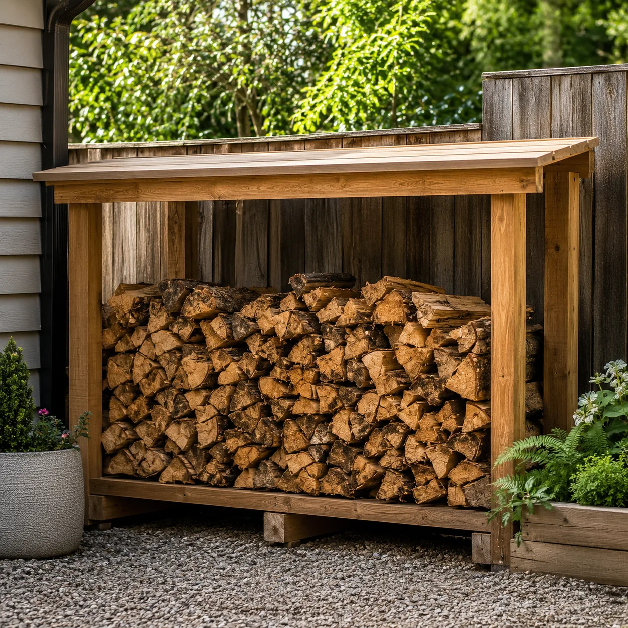 Realistic editorial photo of a clean firewood rack in budget backyard weekend upgrade, realistic editorial photo, natura