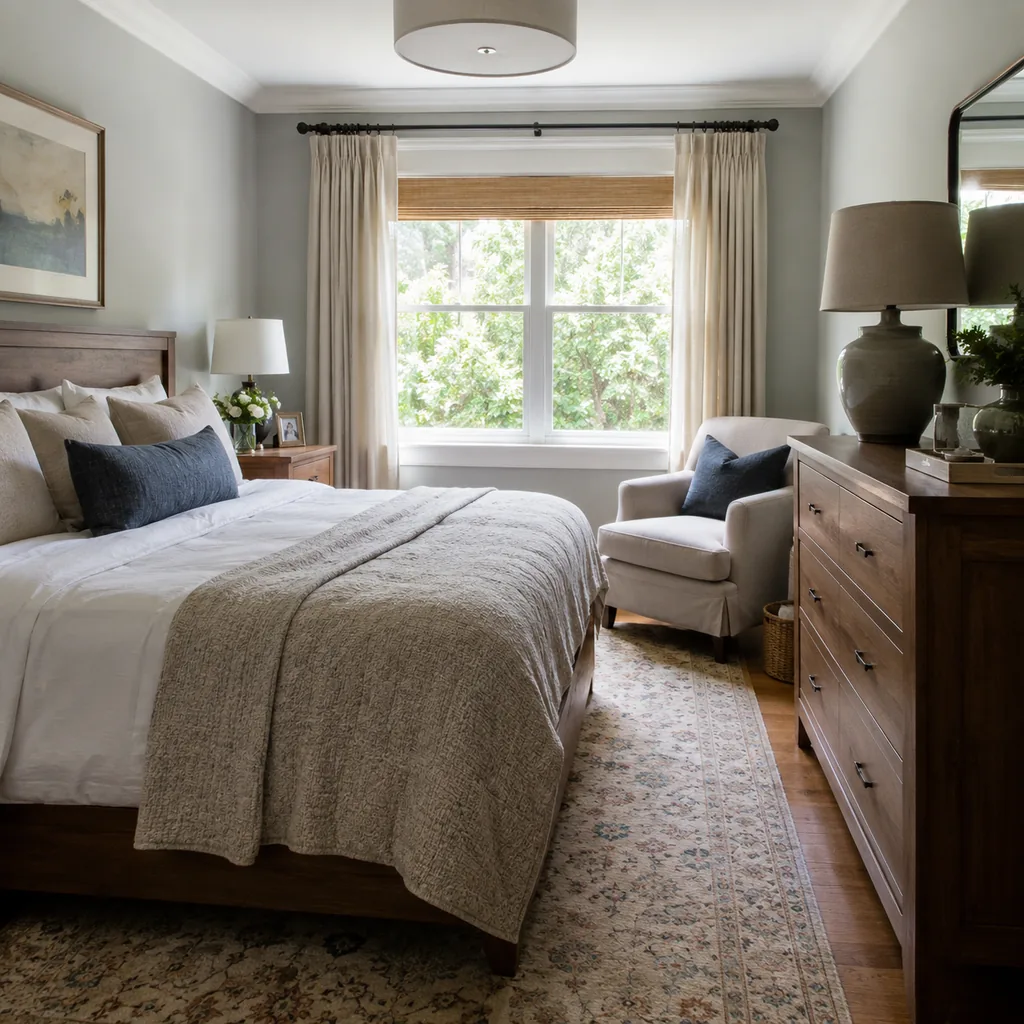 Realistic editorial photo of a compact American bedroom with bed, nightstands, window, dresser, and tight walkways showing chair placed for conversation