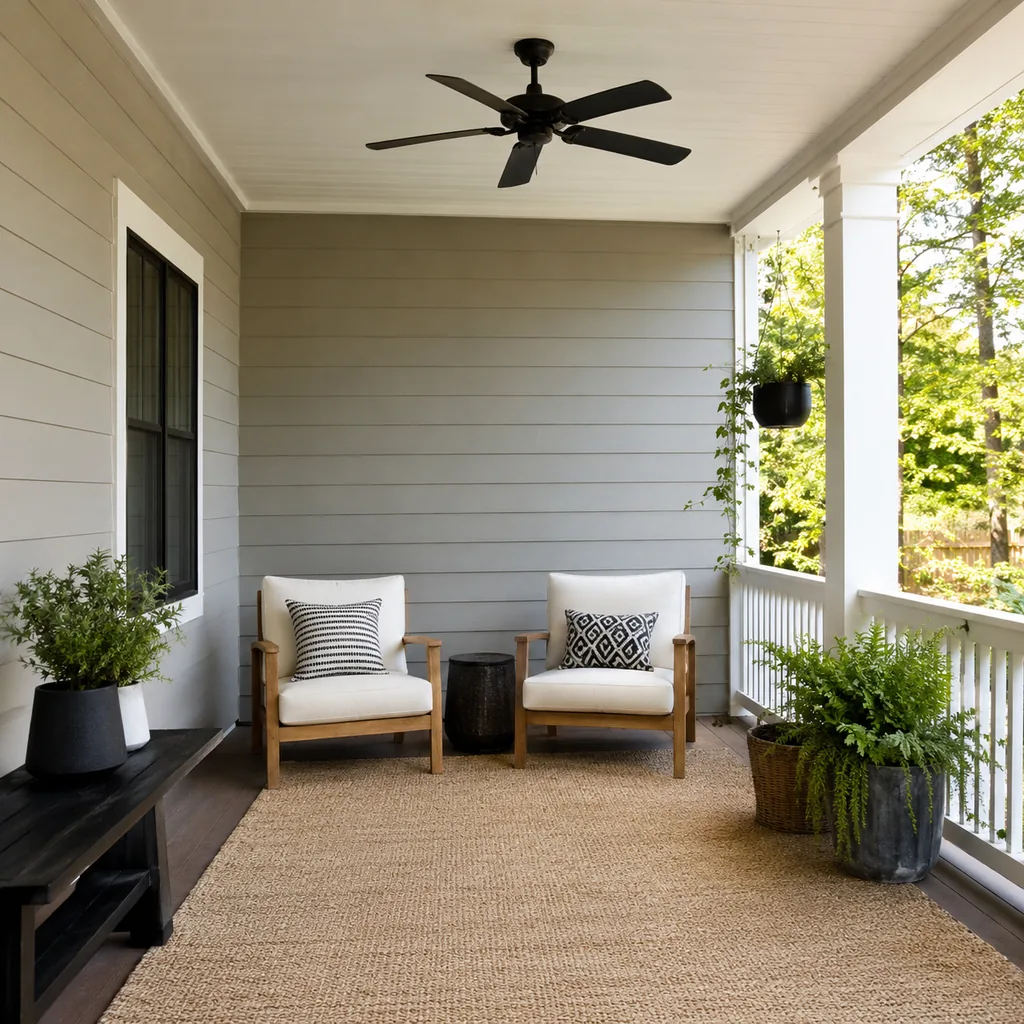 Realistic editorial photo of a covered porch with chairs, ceiling fan, plants, side tables, rug, and outdoor living details showing asymmetry where the porch fe
