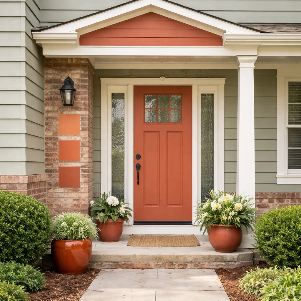 Realistic editorial photo of a front entry with door paint samples, brick, siding, plants, and trim showing terracotta used in small controlled doses