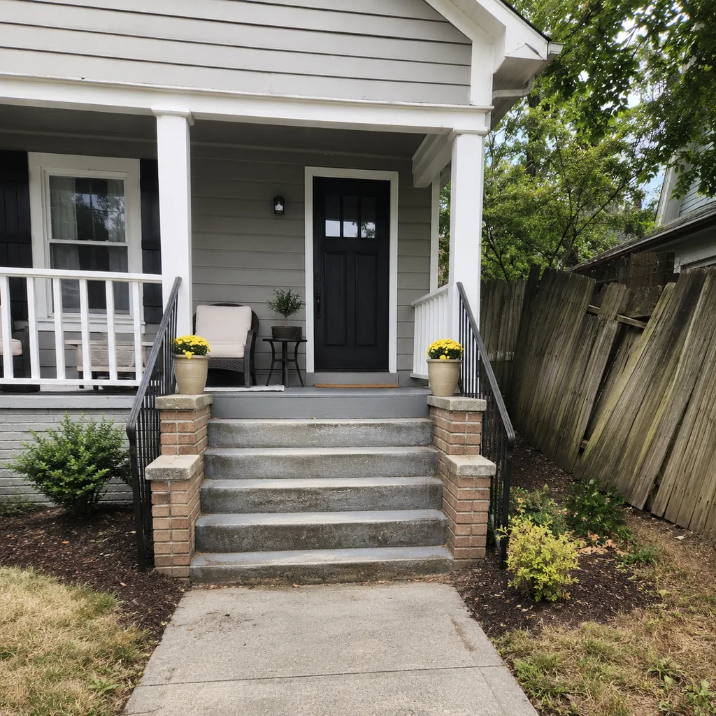 Realistic editorial photo of a front porch prepared for a home showing with steps, door, railings, seating, and curb appeal issues showing fence leaning at the 