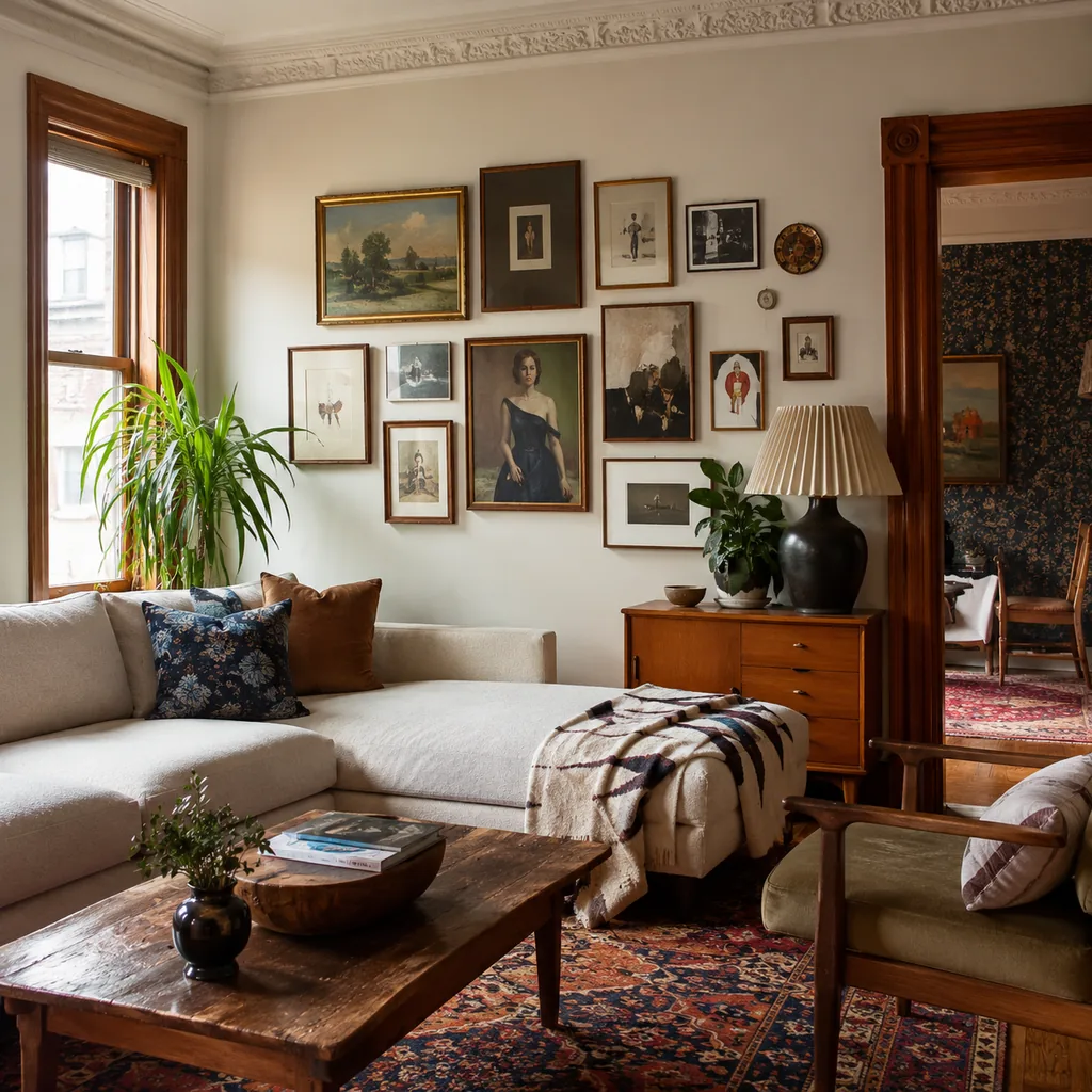 Realistic editorial photo of a home interior with vintage decor, modern furniture, warm wood, patterned accents, and layered lighting showing gallery wall with