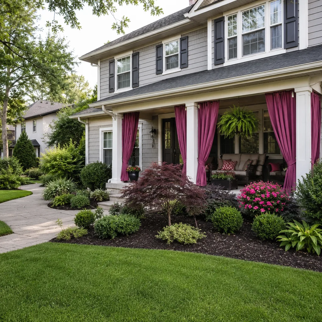 Realistic editorial photo of a landscaped American front yard with lawn, shrubs, mulch beds, trees, walkway, and house exterior showing patio curtain color figh