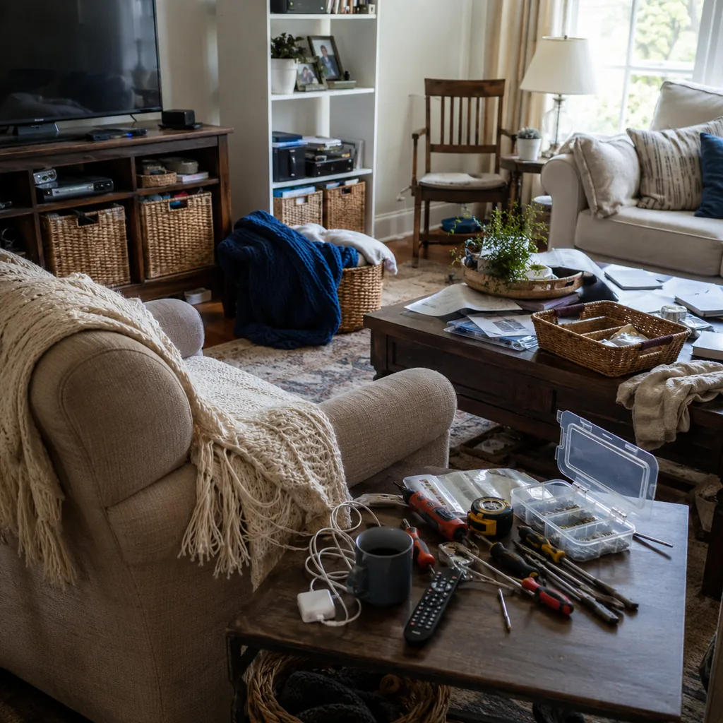 Realistic editorial photo of a living room with crowded surfaces, extra chairs, baskets, blankets, cords, and storage furniture showing tools without a fast ret
