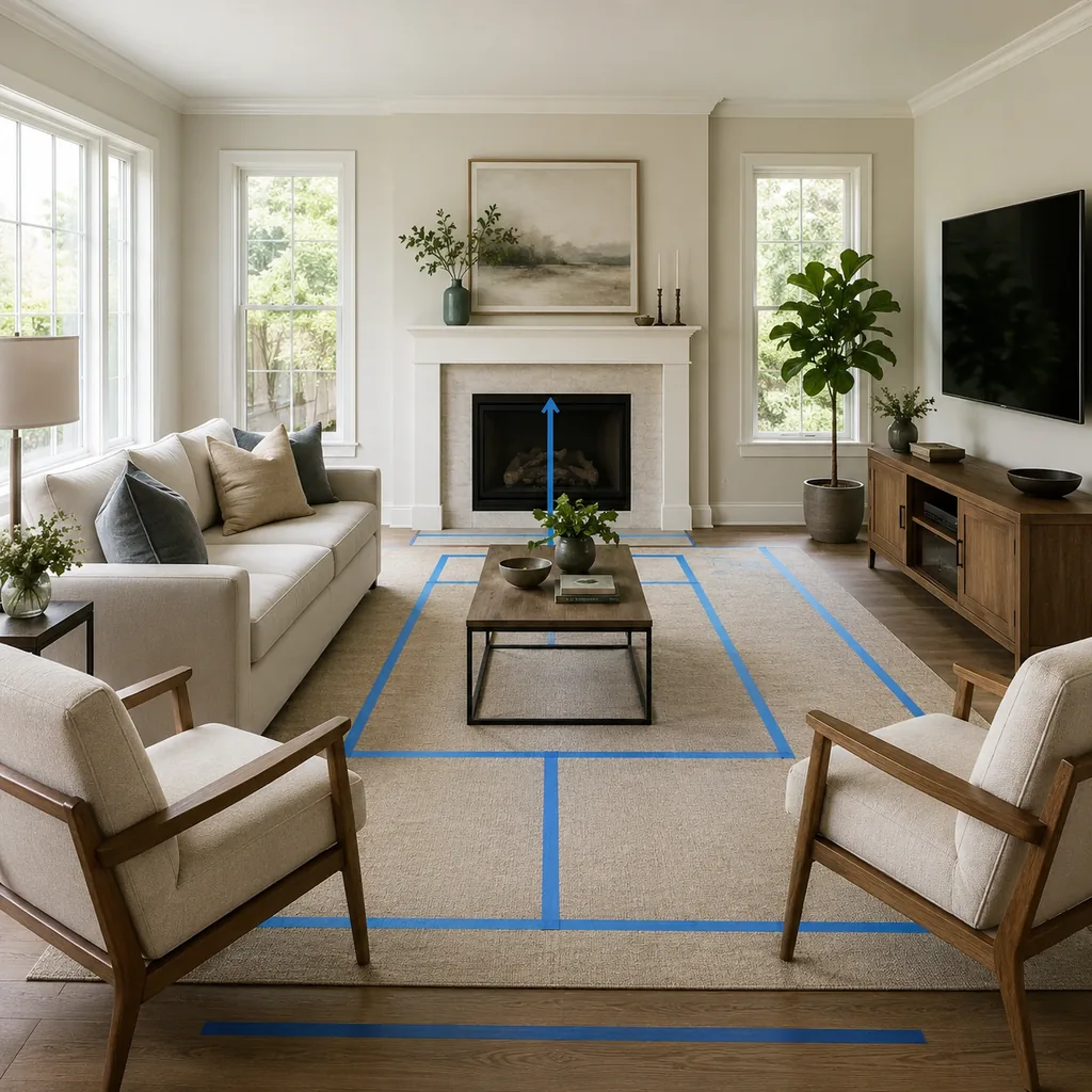 Realistic editorial photo of a living room with sofa, chairs, rug, TV, windows, and taped layout marks showing focal point you can identify quickly