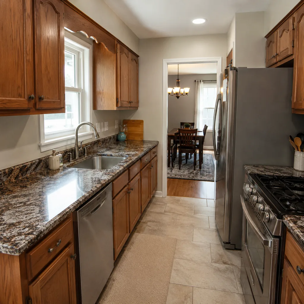 Realistic editorial photo of a realistic American kitchen with sink, cabinets, appliances, counters, and inspection details showing countertop color fighting th