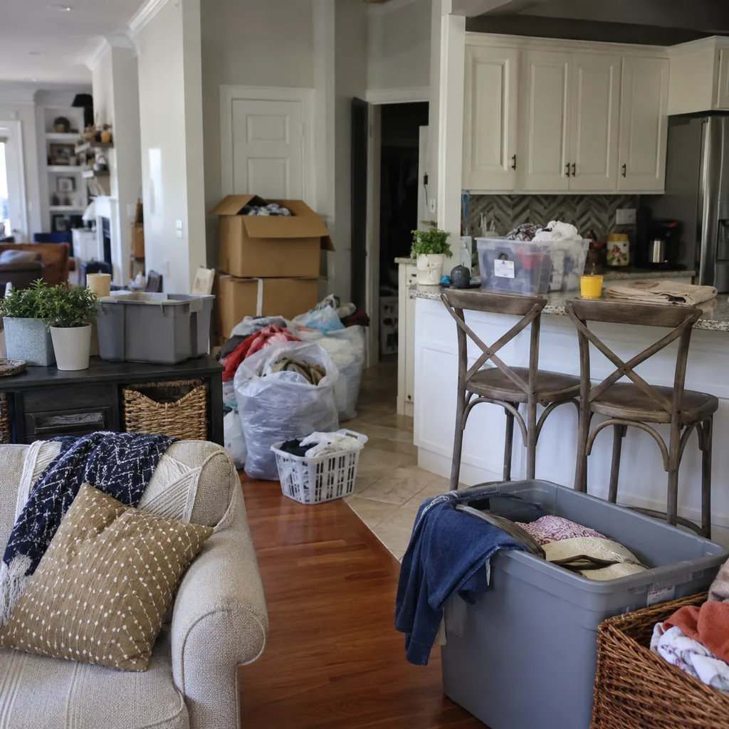 Realistic editorial photo of a realistic cluttered living room and kitchen area with boxes, counters, shelves, and organizing bins showing donation bags that ne