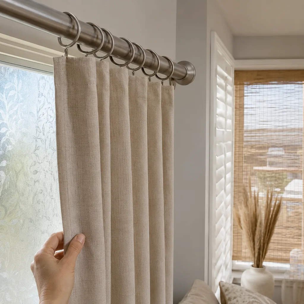 Realistic editorial photo of a room with windows, shades, shutters, woven panels, privacy film, and soft natural light showing curtain rings too small for the r