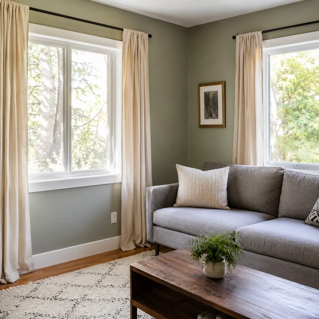 Realistic editorial photo of a small American room with windows, curtains, rods