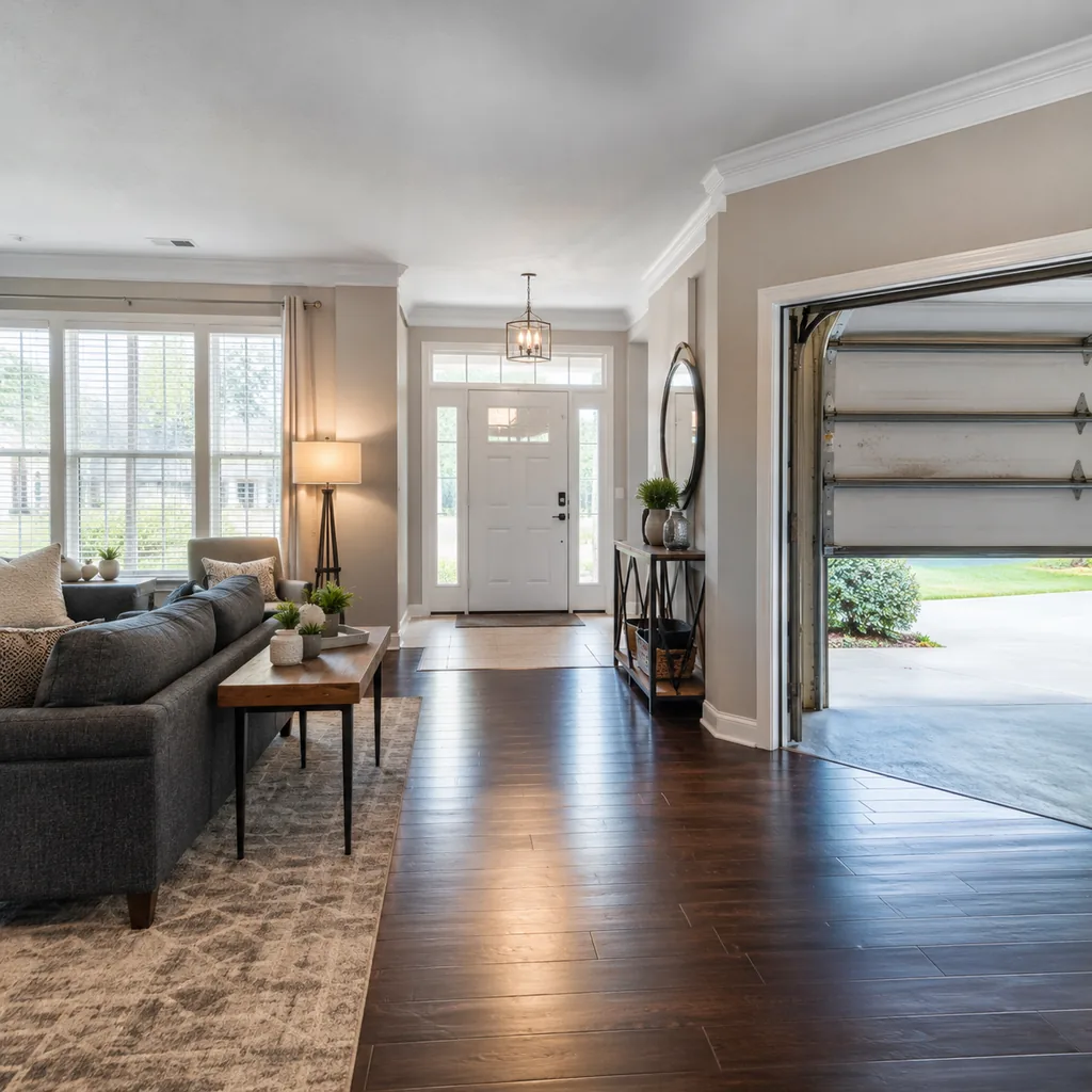 Realistic editorial photo of a staged home interior with living room, entry, lighting, furniture placement, and listing-photo details showing garage door that s
