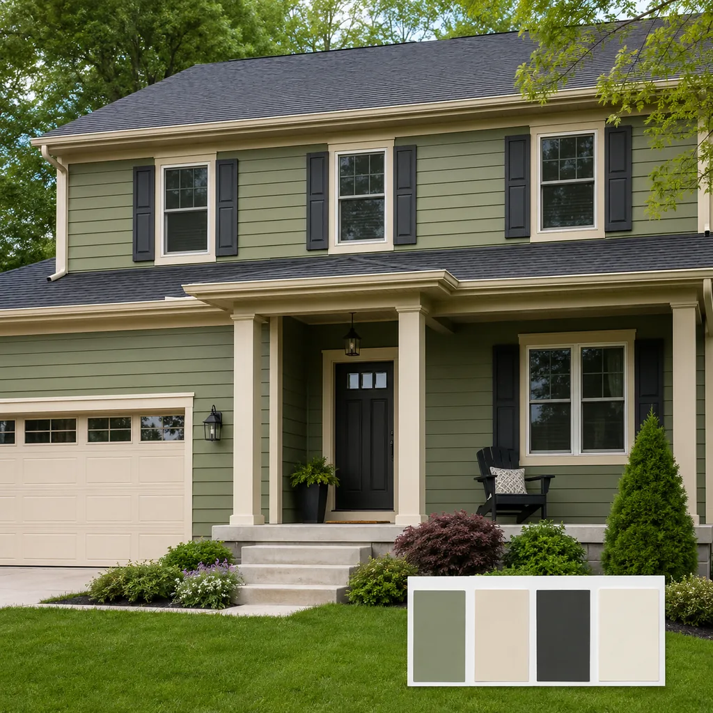 Realistic editorial photo of a suburban home exterior with siding, trim, roof, front door, lawn, and paint swatches showing comeback color used too literally