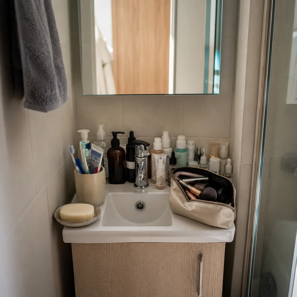 Realistic editorial photo of a tiny bathroom sink vanity crowded with toothbrushes, soap, skincare, and a makeup bag because there is no counter space
