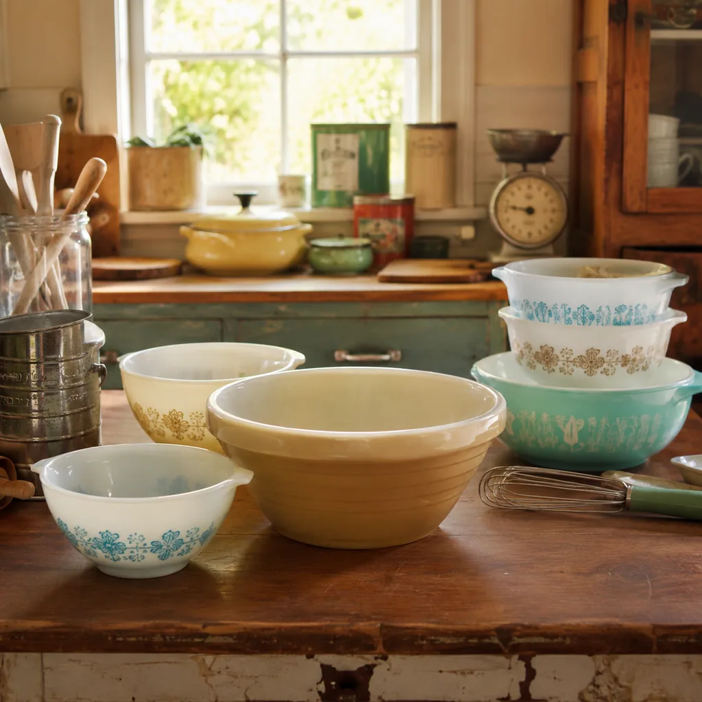 Realistic editorial photo of a vintage kitchen table with bowls, enamel cookware, utensils, tins, and warm window light showing old pyrex-style mixing bowls