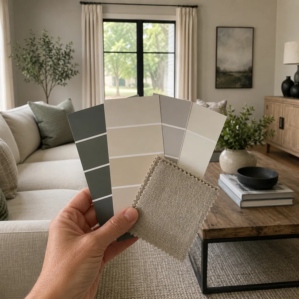 Realistic editorial photo of an American living room with paint swatches, sofa fabric, wall colors, and natural light showing paint samples viewed only in store
