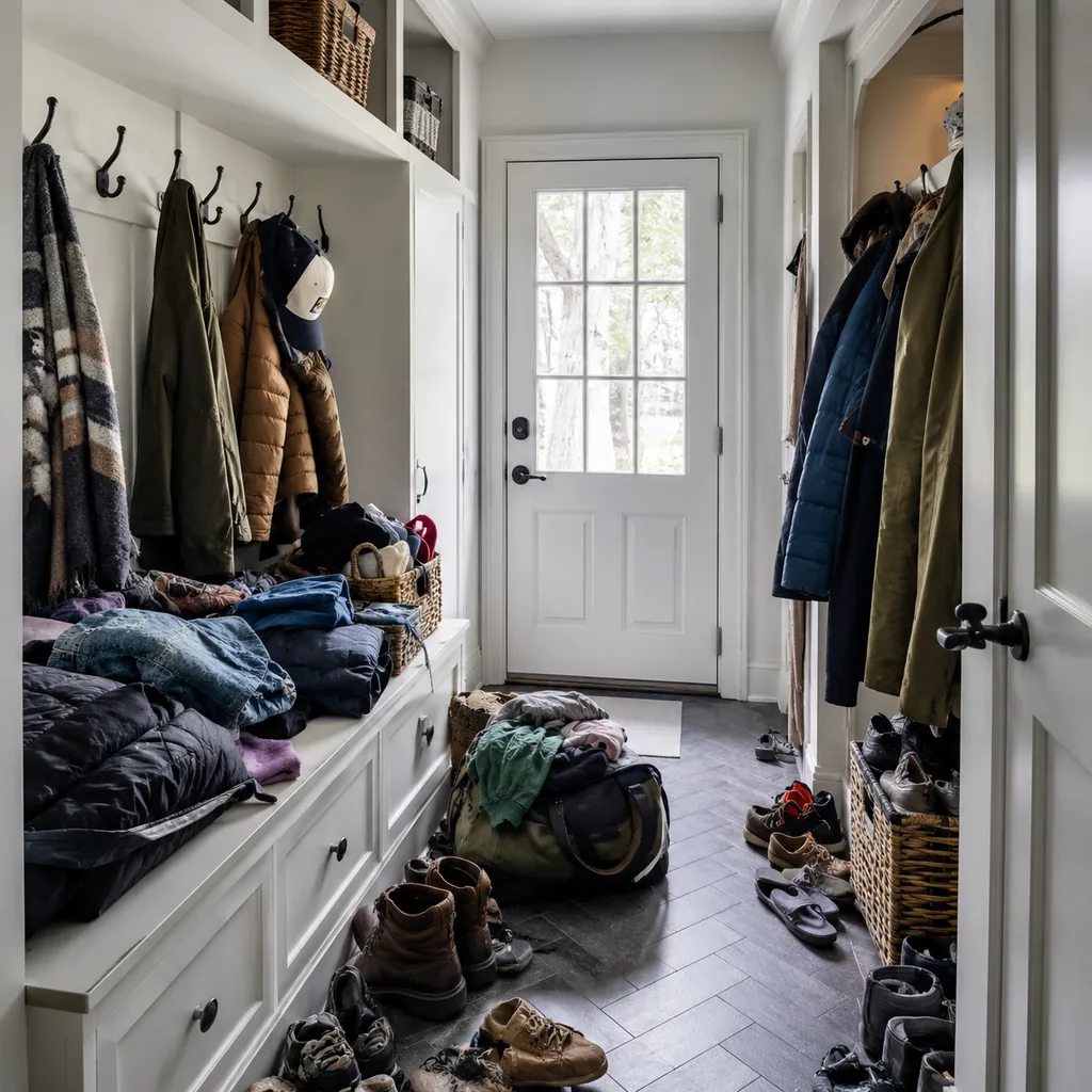 Realistic editorial photo of an American mudroom showing not leaving space for guests