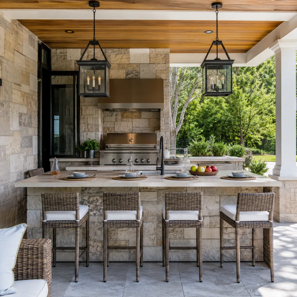 Realistic editorial photo of an American patio showing forgetting serving surfaces