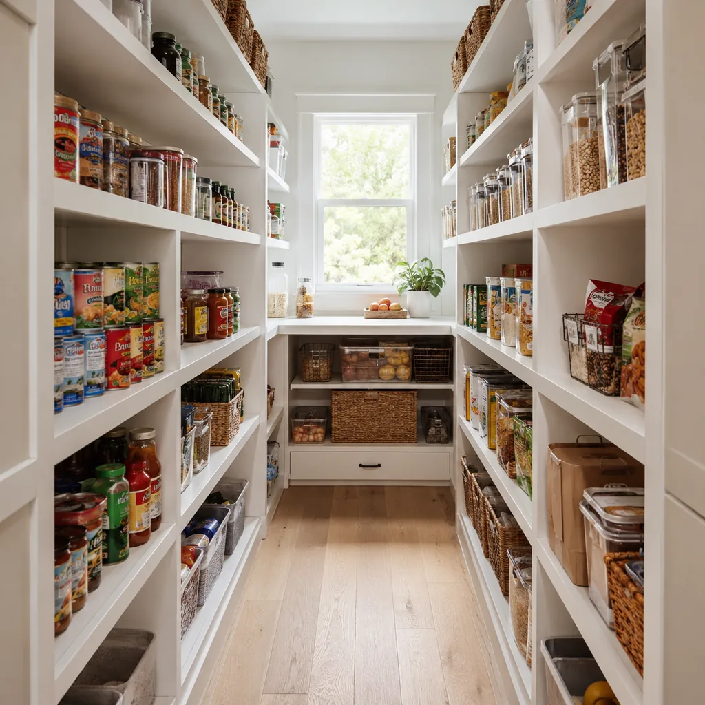 Realistic editorial photo of an American walk-in pantry showing forgetting a step stool spot